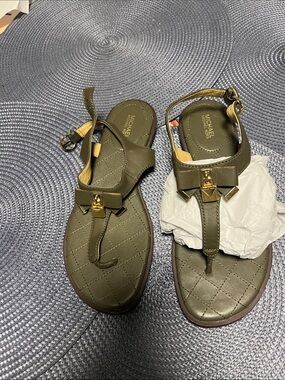 MICHAEL Michael Kors Olive Quilted Bow T-Strap Sandals with Gold Hardware
